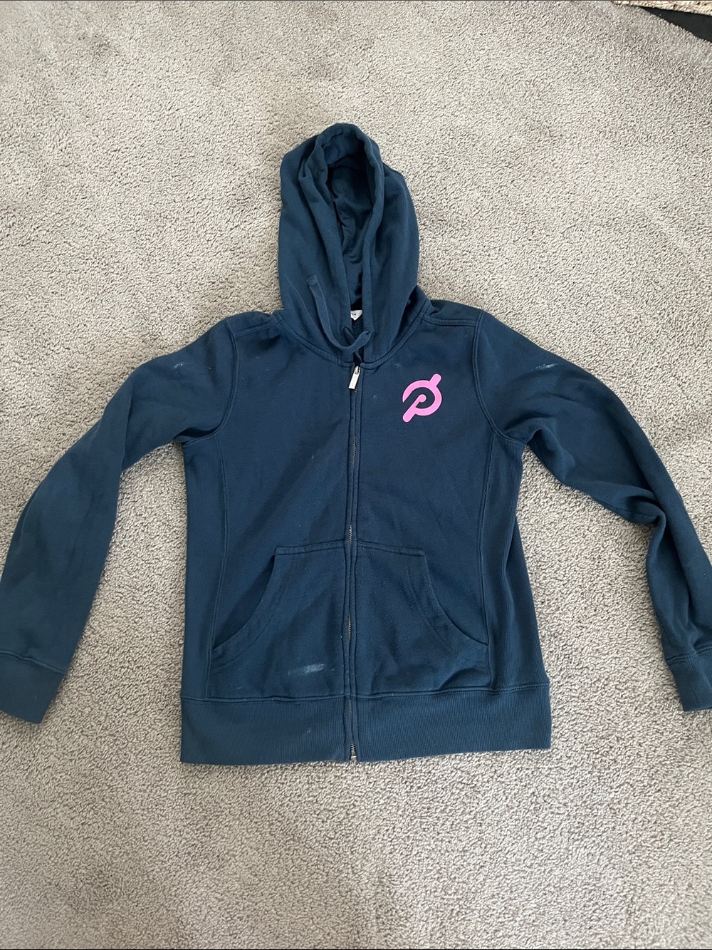 Peloton Navy Hoodie with Pink Logo Zip Front